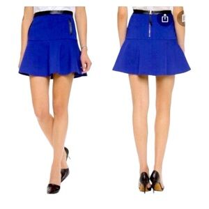 Club Monaco royal cobalt blue flared mini skirt black leather trim Sz 12
